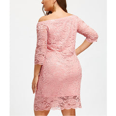 Fashion fat size women off shoulder pink lace sex long dress