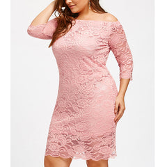 Fashion fat size women off shoulder pink lace sex long dress