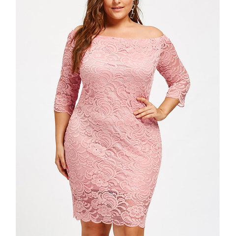 Fashion fat size women off shoulder pink lace sex long dress